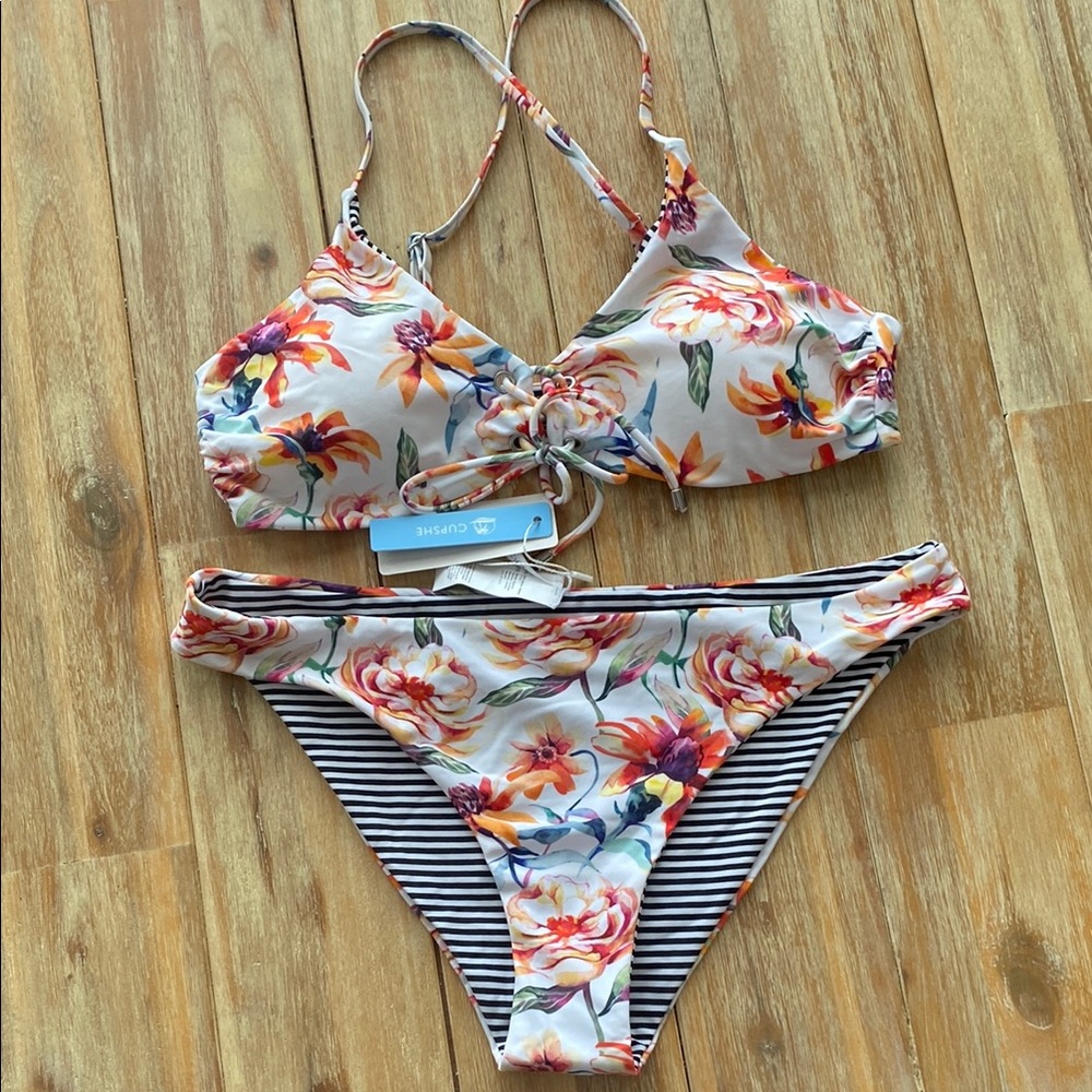 Floral/Striped Reversible Bikini Set